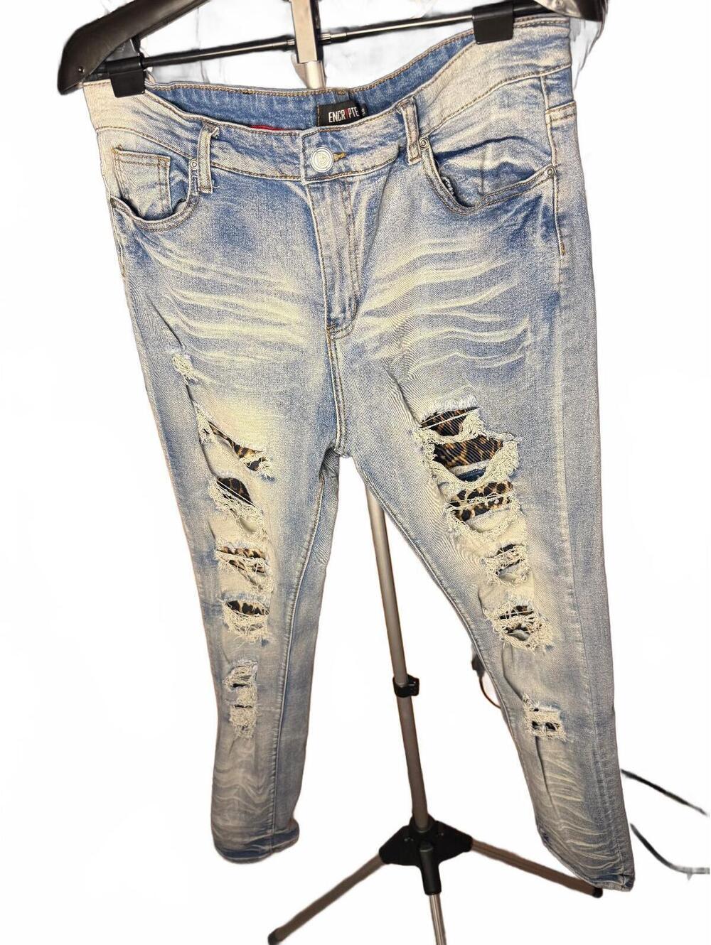 Encrypted Light Blue Distressed Skinny Jeans w Leopard Print sz 38